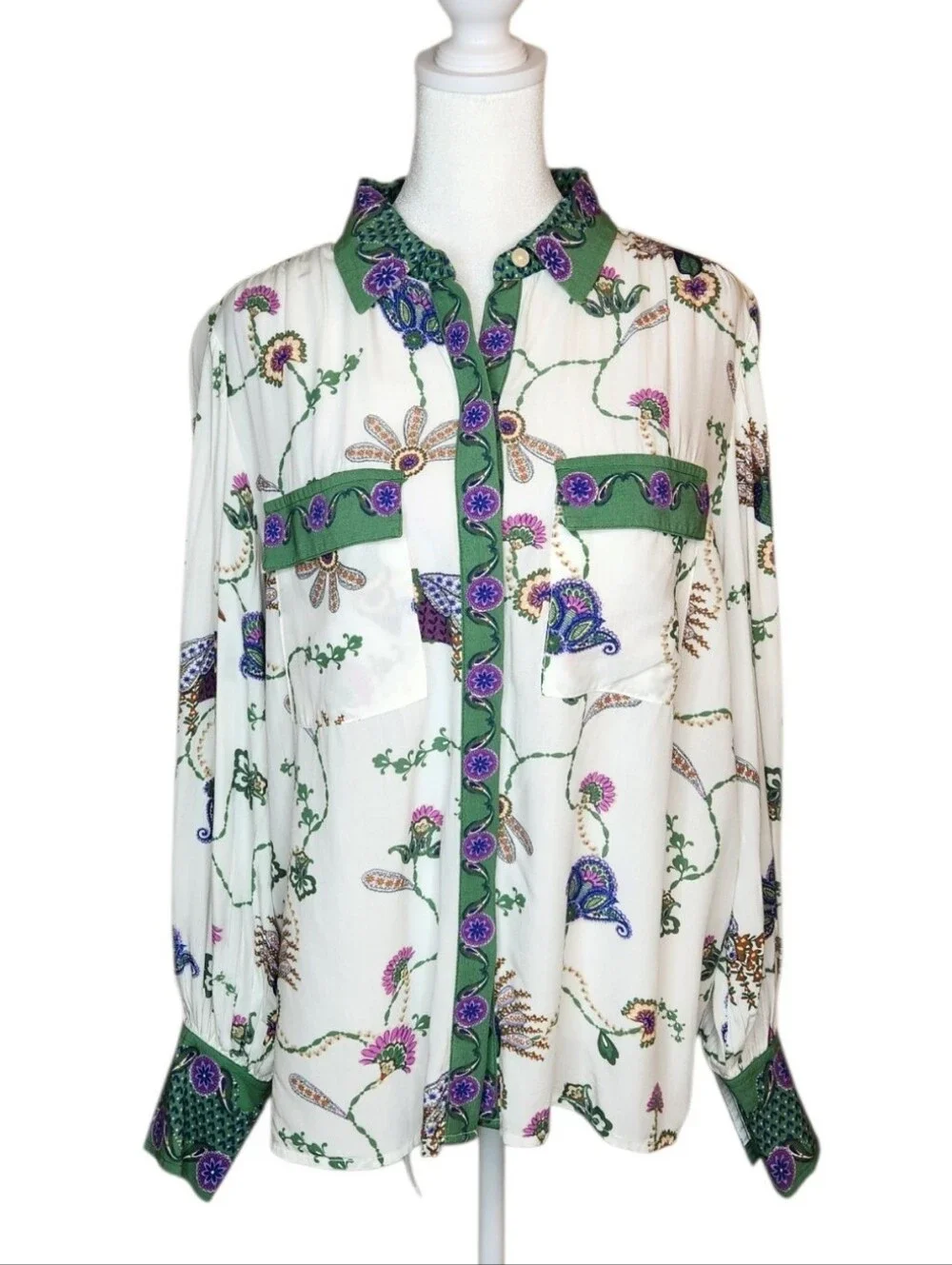 NEW Loft Floral Peacock Print Button Down Blouse Size Small